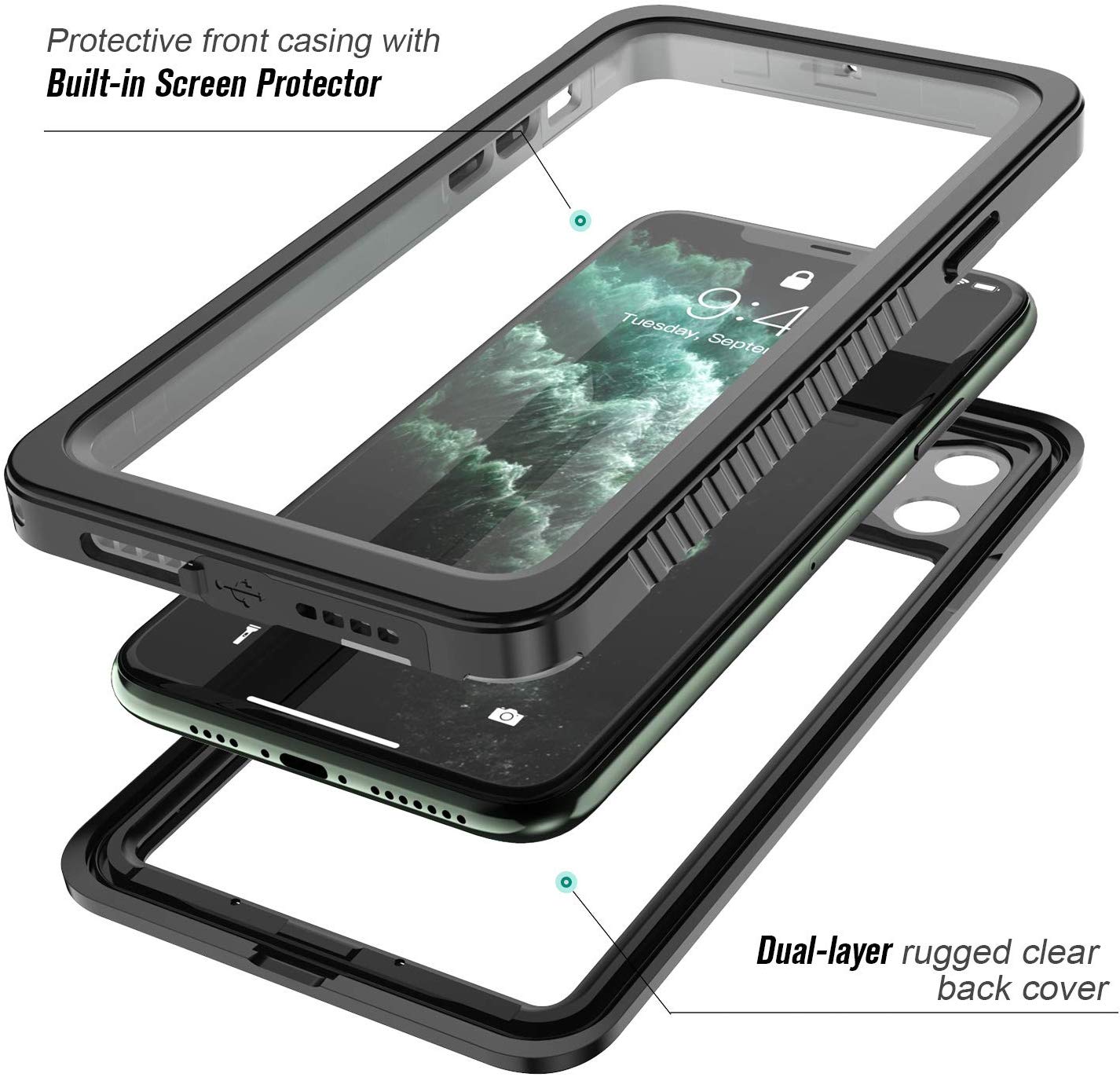 Waterproof Rugged Case for iPhone 11 Pro with Built-in Screen Protector - Black/Clear