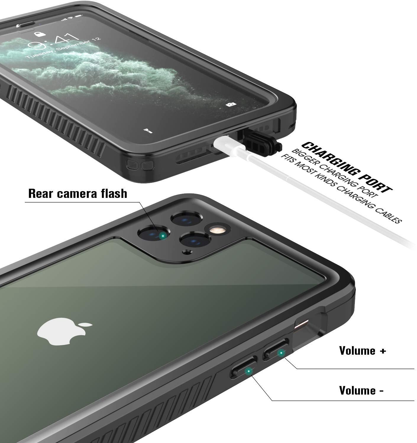 Waterproof Rugged Case for iPhone 11 Pro with Built-in Screen Protector - Black/Clear