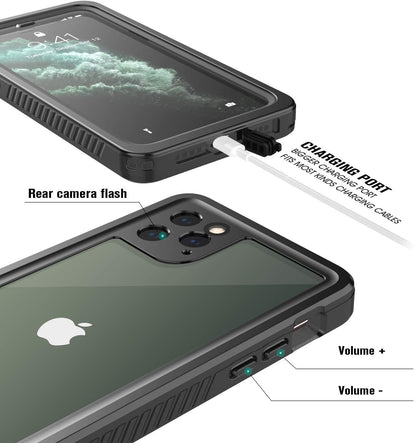 Waterproof Rugged Case for iPhone 11 Pro Max with Built-in Screen Protector - Black/Clear